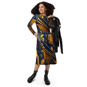 All-over print long sleeve midi dress designer collection