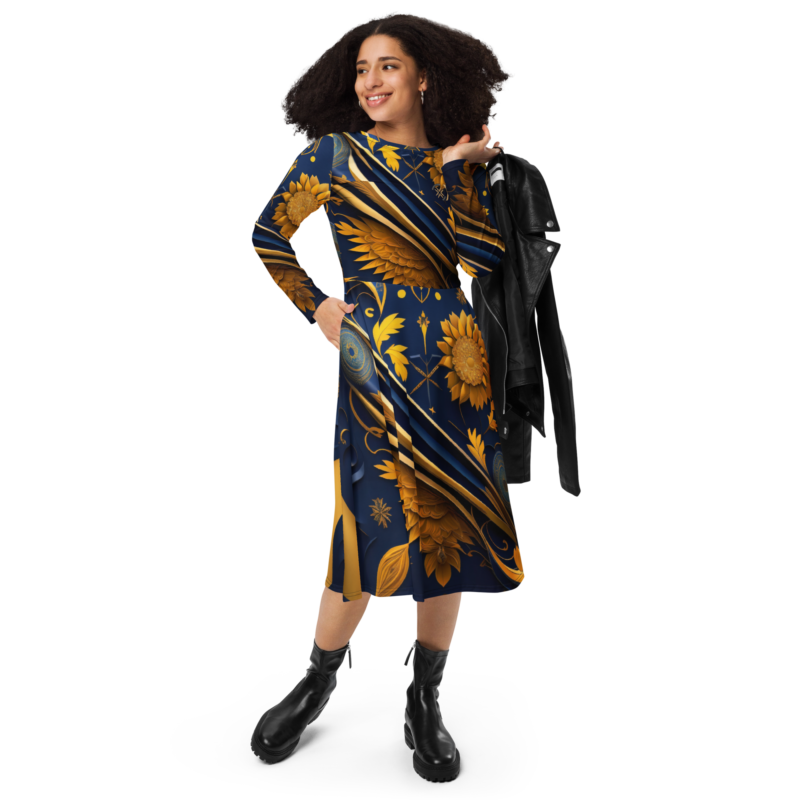 All-over print long sleeve midi dress designer collection