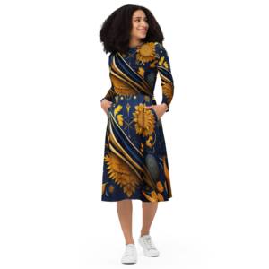 All-over print long sleeve midi dress designer collection