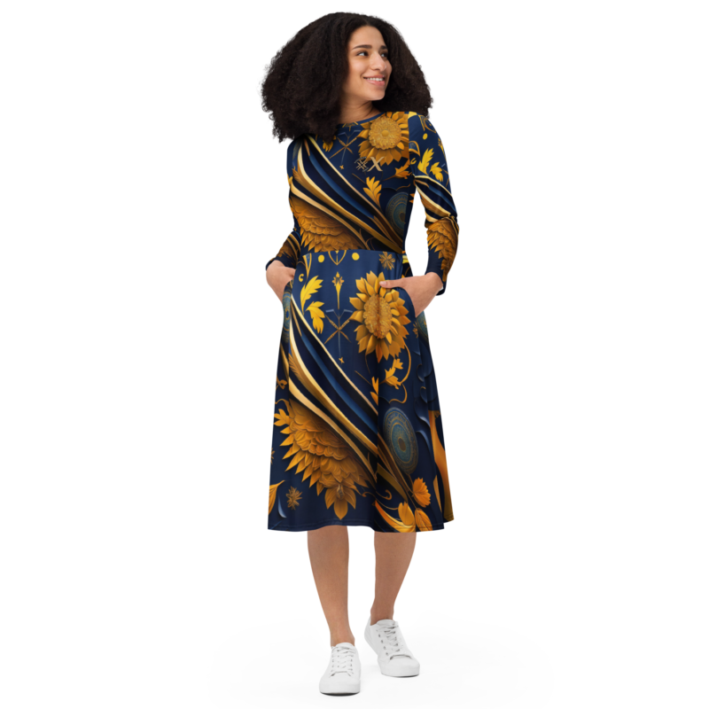 All-over print long sleeve midi dress designer collection