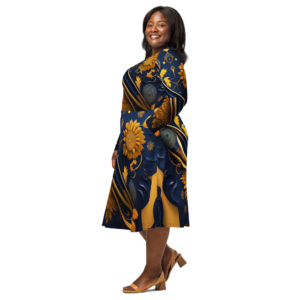 All-over print long sleeve midi dress designer collection