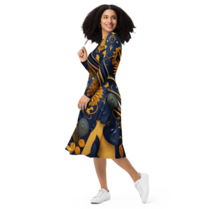 All-over print long sleeve midi dress designer collection