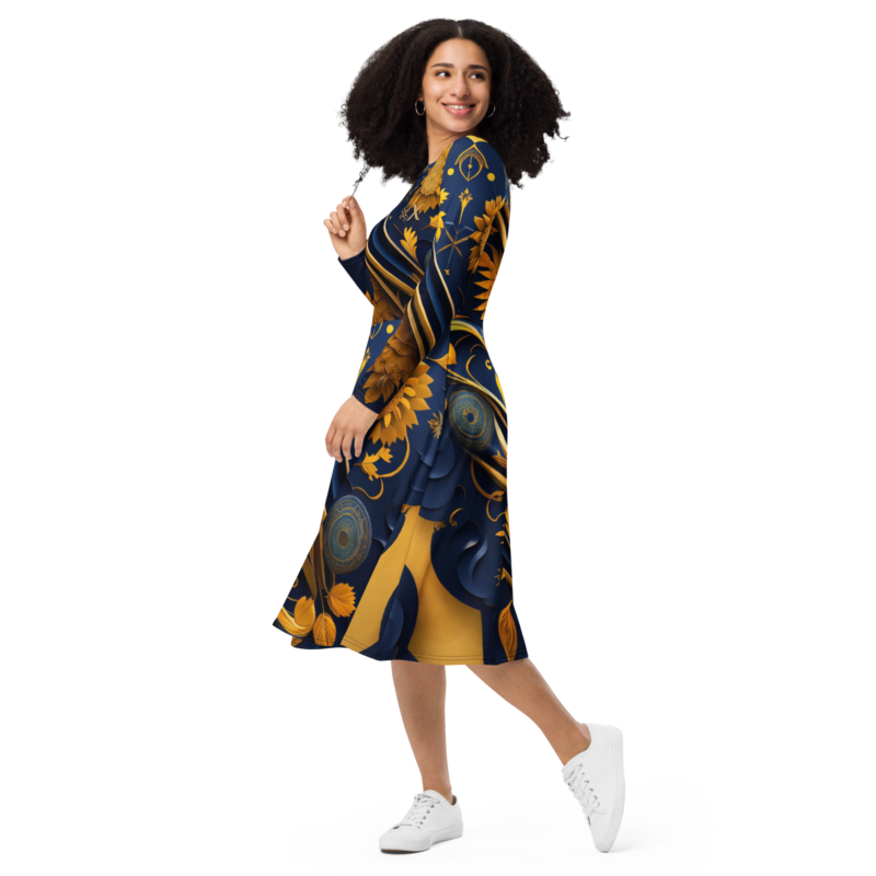 All-over print long sleeve midi dress designer collection