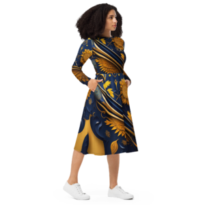 All-over print long sleeve midi dress designer collection