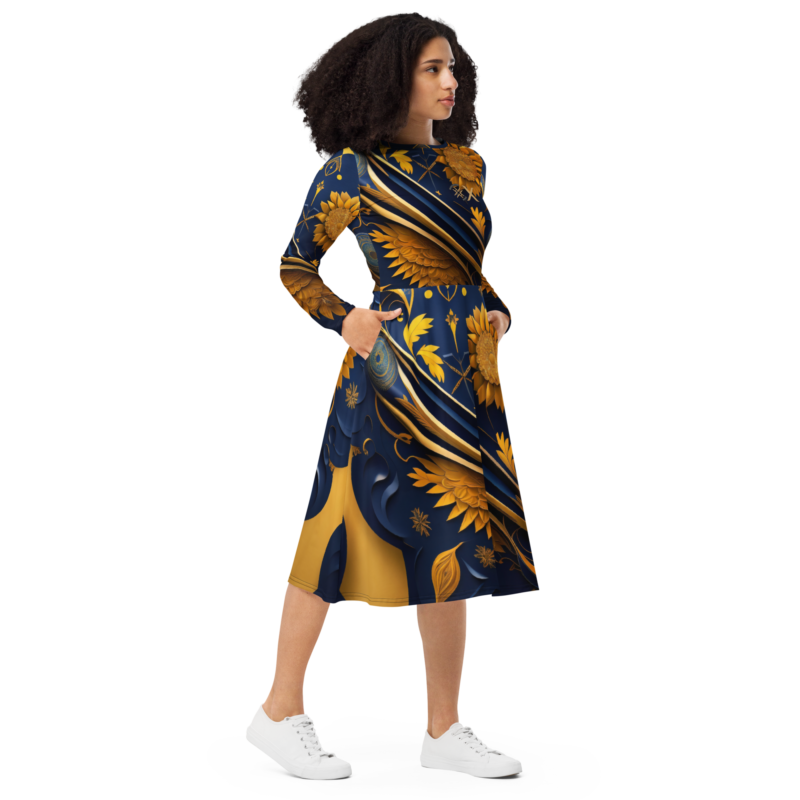 All-over print long sleeve midi dress designer collection